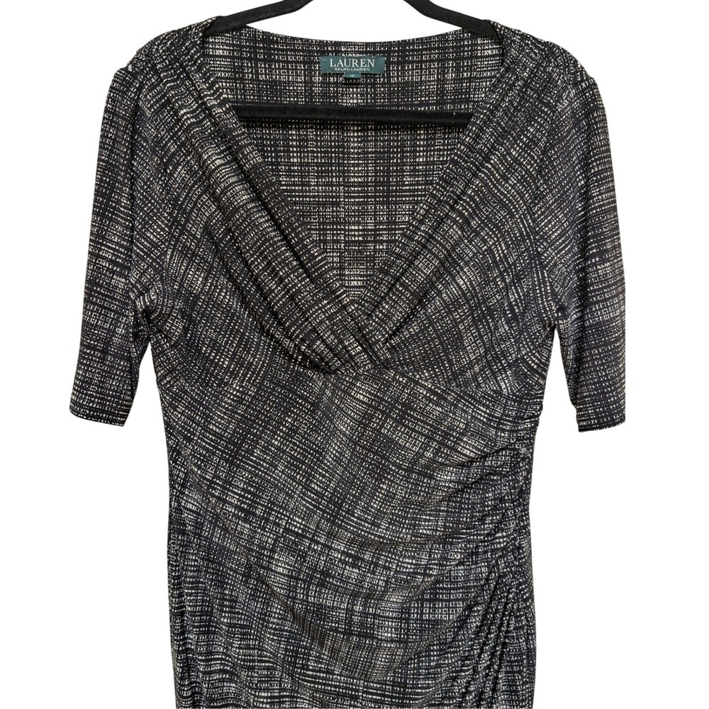 Lauren Ralph Lauren Size 14 Black White Abstract Grid Faux Wrap Sheath Dress